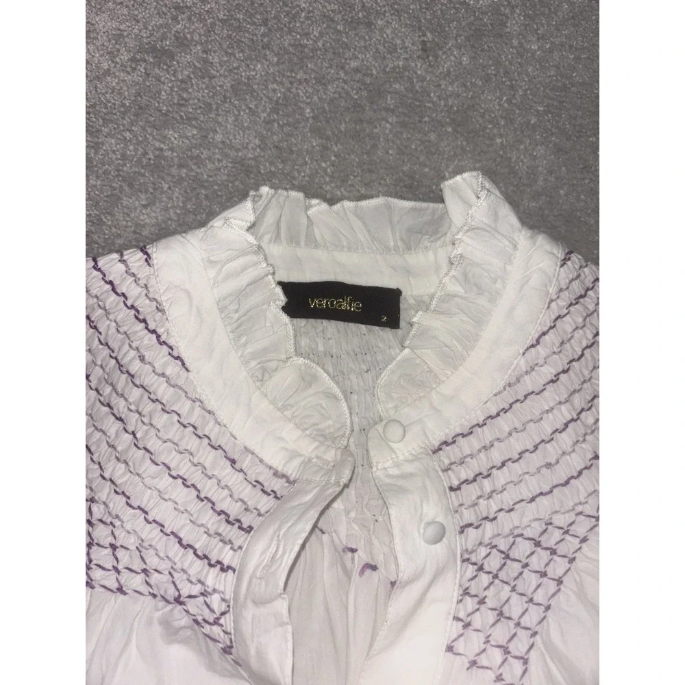 veroalfie embroidered ruggle smocked blouse white Puff Sleeve Anthropologie 2‎